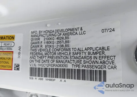 2024 Honda Accord Hybrid Exl from USA, damaged, VIN 1HGCY2F63RA083090